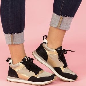NWT / NIB Shu Shop Gold Taupe and Black Sneakers